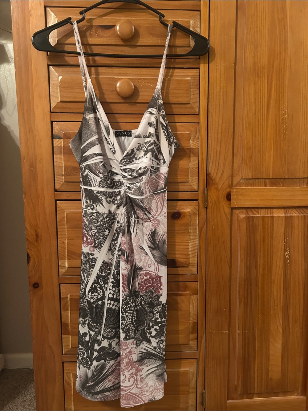 VENUS Black White Dusty Rose Printed Spaghetti Strap Dress